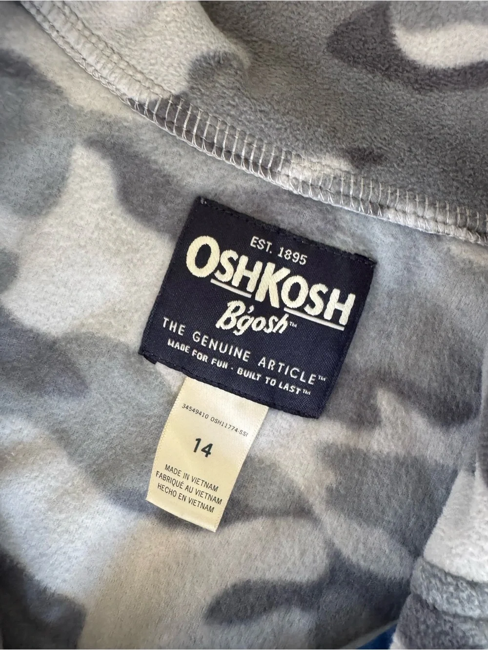 Osh Kosh Boys Blue and Gray Camo Full Zip Fleece - Size 14 - New